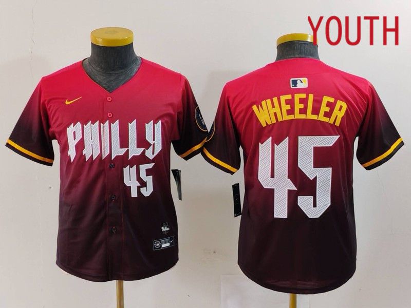 Youth Philadelphia Phillies #45 Wheeler Red City Edition 2024 Nike MLB Jersey style 4->youth mlb jersey->Youth Jersey